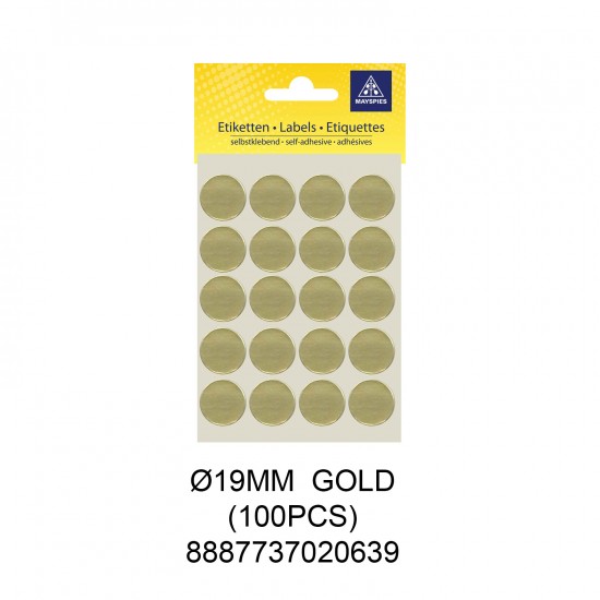 MAYSPIES MS019 COLOUR DOT LABEL / 5 SHEETS/PKT / 100PCS / ROUND 19MM GOLD